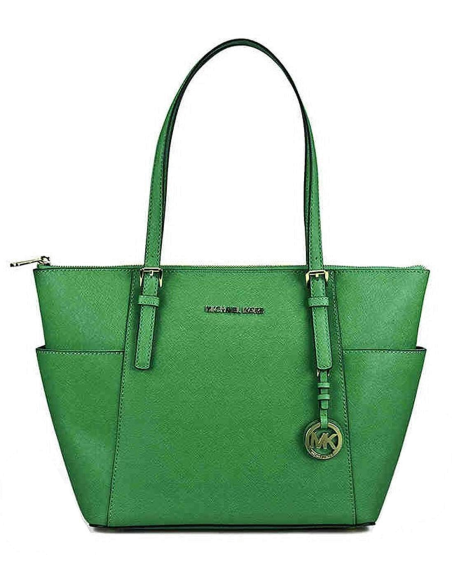 Chic Time | Sac à main Michael Kors Jet Set en cuir vert Saffiano à glissière sur le dessus | Buy at best price