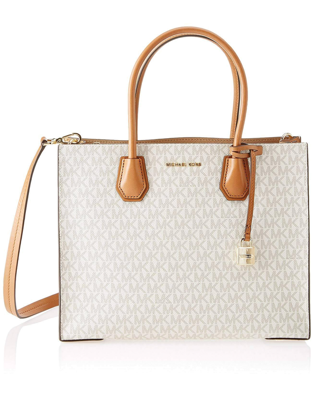 Sac main Michael Kors Mercer en cuir Blanc et Marron avec logo at