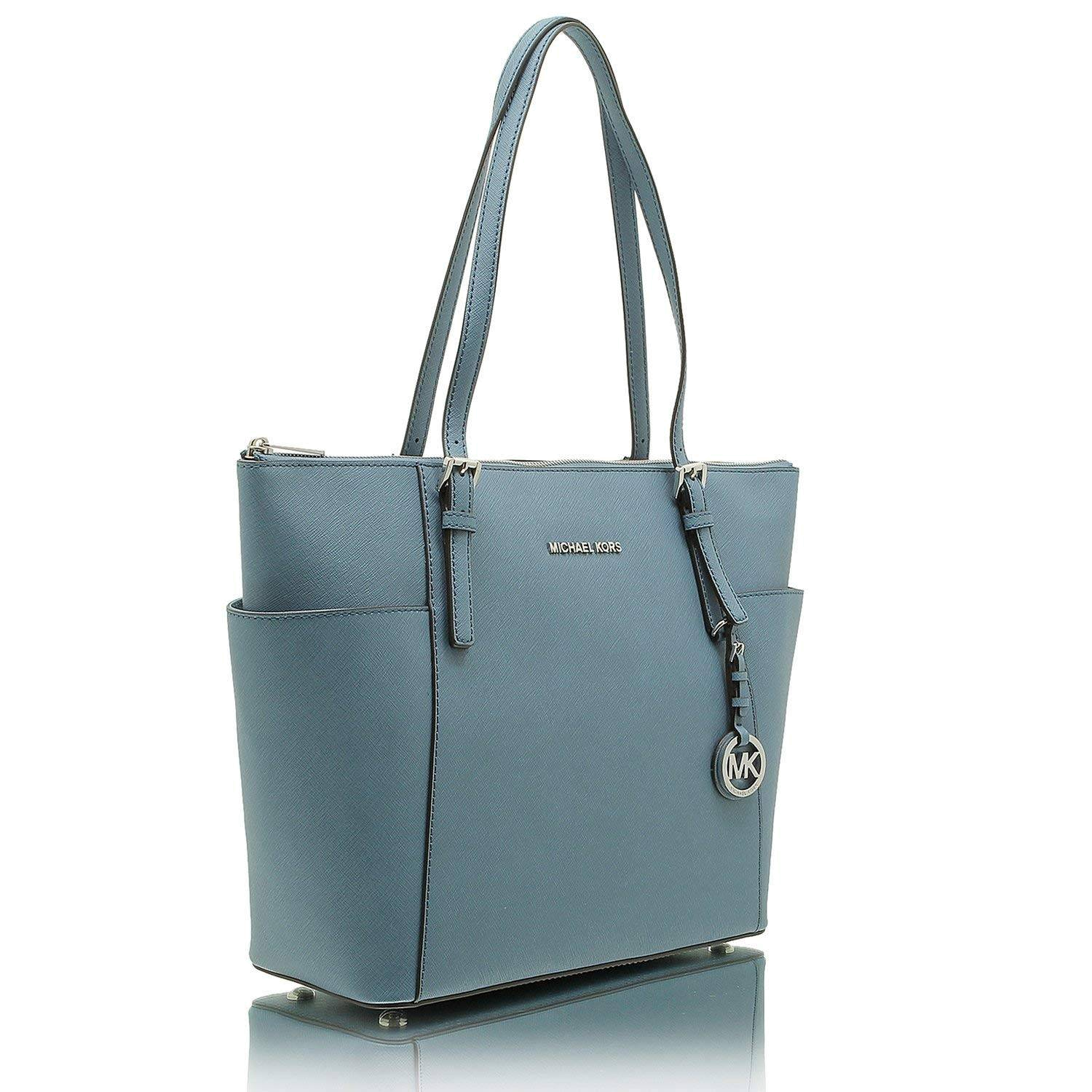 Grand Sac main Michael Kors Jet Set Travel en cuir Saffiano Bleu
