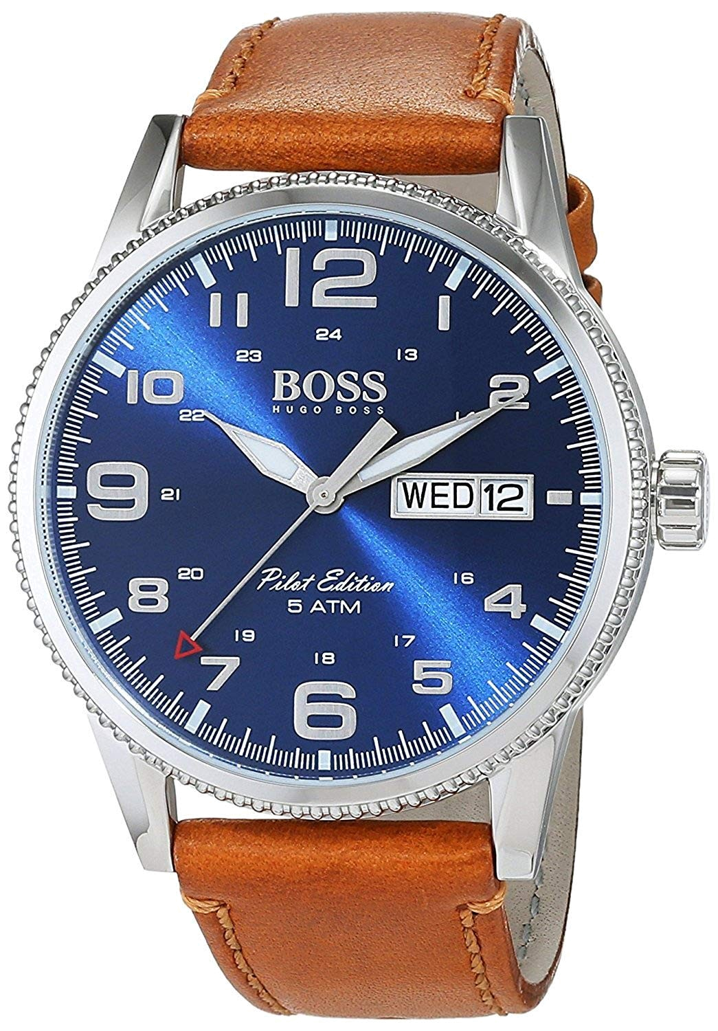 Montre Hugo Boss Pilot 1513331 Bracelet Cuir Marron Cadran Bleu Electrique