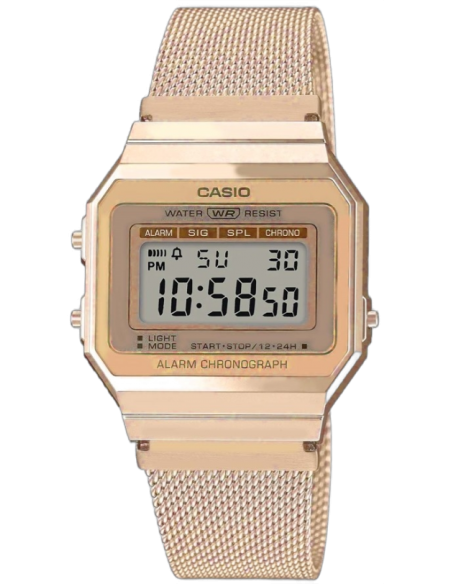 Chic Time | Montre retro Casio Collection Vintage A700WEM affichage digital maille milanaise doré rose | Prix : 59,92 €