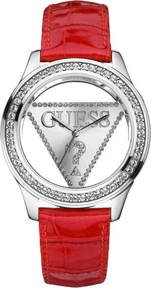 Chic Time | Montre Guess Triangle Rouge Fond Transparent Bracelet En Cuir | Prix : 139,90 €