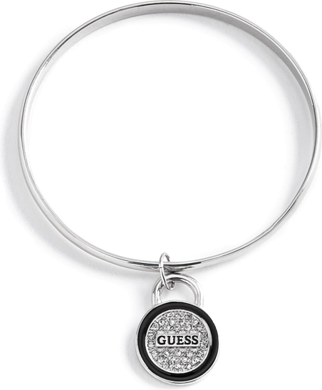 Chic Time | Bracelet Guess argenté plaque ronde logo incrusté de cristaux | Prix : 31,05 €